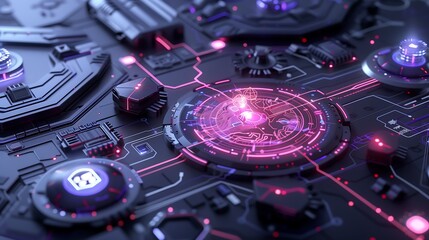 Poster - A futuristic hacker-proof system with an AI-driven augmented reality display, holographic padlocks and shields rotating in a 3D matrix, glowing cybernetic energy protecting sensitive data