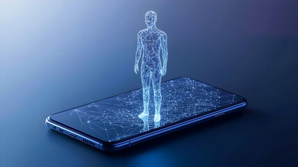 Poster - Digital Human Figure Projected Over Smart Phone Screen in Blue Background