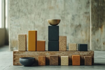 Poster - Abstract Arrangement of Geometric Blocks on Wooden Base and Bowl