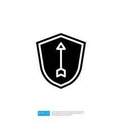 Poster - Minimalist icon of a shield with an upward-pointing arrow representing protection and security in a bold black and white design for modern digital applications