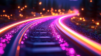 Wall Mural - glowing train tracks in forest with bokeh effect for an abstract wallpaper use