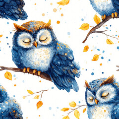  Enchanting pattern of owls perched on a branch surrounded by leaves and flowers with a soft color palette