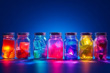 Poster - Colorful Jars Filled with Glowing Ice Cubes Against a Dark Background