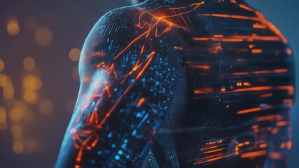 Poster - orange and blue biometric data streams across the back and shoulder of a muscular athlete, visualizi