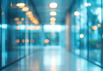 Poster - Softly Illuminated Hallway in Modern Office Building with Blurred Background and Warm Light Effects Creating a Calm Atmosphere for Corporate Spaces