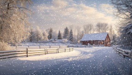 Aufkleber - Peaceful Winter Farm Scene with Snow Falling on Red Barn