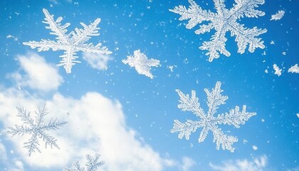 Aufkleber - Intricate Snowflakes Falling Against a Blue Sky and Fluffy White Clouds