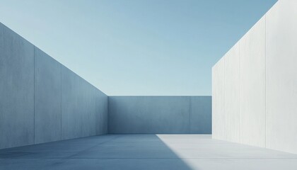 Poster - Minimalist Concrete Structure with Geometric Walls and Blue Sky
