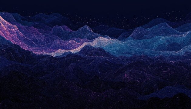 Abstract Dark Blue and Purple Glowing Particle Wave Landscape Background