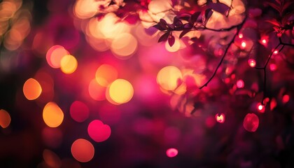 Poster - Red Leaves and Warm Lights in a Dark Night Setting