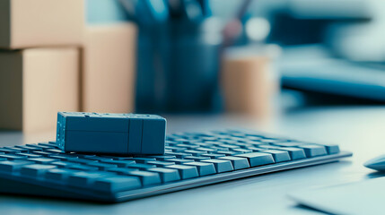 Poster - Close Up Of A Blue Keyboard With A Rectangular Electronic Device On A Wooden Desk with Cardboard Boxes in the Background