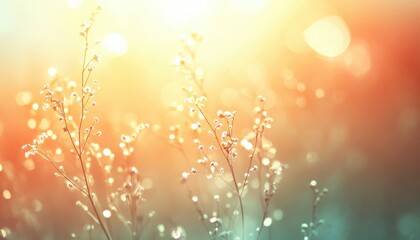 Poster - Serene sunrise illuminating dewdrops on delicate wildflowers in a vibrant field