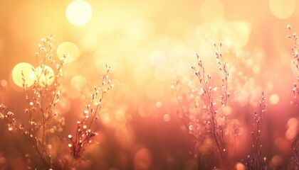 Poster - Warm Golden Sunset Light Illuminates Dewy Plants in a Serene Field
