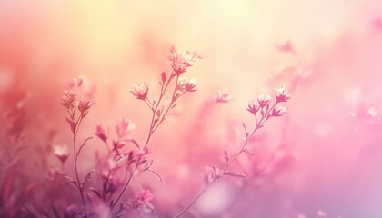 Poster - Soft Pink and Purple Wildflowers at Sunrise in a Serene Field