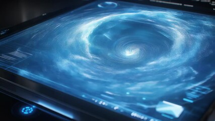 Fototapete - complex graphical user interface displays rotating blue cyclone simulation on a futuristic control p