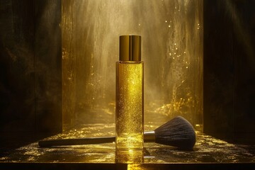 Poster - Luxurious Beauty Product Display with Golden Light and Brush
