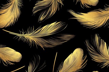 Poster - Golden Feathers on Black Background Seamless Pattern Texture
