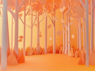 Poster - Tranquil Papercut Forest at Sunset: An Autumn Scene