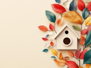 Poster - Charming Wooden Birdhouse Nestled Among Vibrant Autumn Leaves on a Beige Background