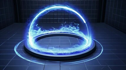 Poster - Glowing Blue Energy Portal in Dark Futuristic Room Mysterious Sci Fi Atmosphere with Circular Metallic Frame and Electric Sparks Surrounding Gateway to Another Dimension
