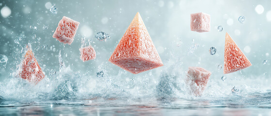 Poster - Floating geometric shapes splashing in water abstract art digital artwork calm environment aerial view creative concept