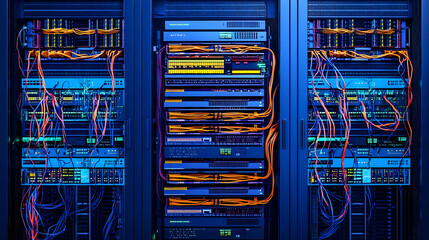 Poster - Detailed View of Blue Data Server Rack with Illuminated Panels Cables and Modern Technology