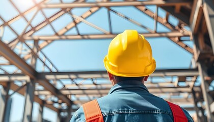 Wall Mural - construction worker, yellow hard hat, safety vest, denim jacket, industrial setting, steel beams, st