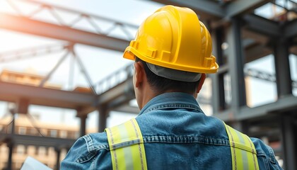 Wall Mural - construction worker, yellow hard hat, safety vest, denim jacket, industrial setting, steel beams, st
