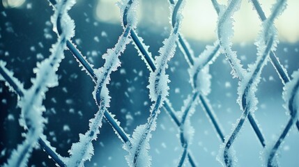 Poster - Icy Fence Wires with Frosty Textures in Macro Focus