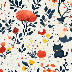 Poster - Beautiful pattern with vibrant flowers and birds creating a lively, colorful scene perfect for fabric or wallpaper design