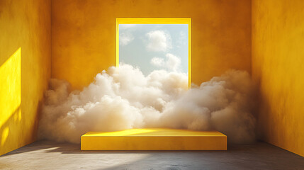 Poster - Cheerful yellow room with expansive sky view allowing bright natural light to fill the space creating a joyful ambiance