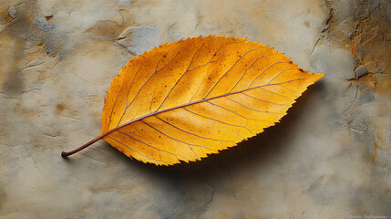 Aufkleber - A singular green leaf resting gently against a textured wall with subtle shadows and natural light highlighting its surface