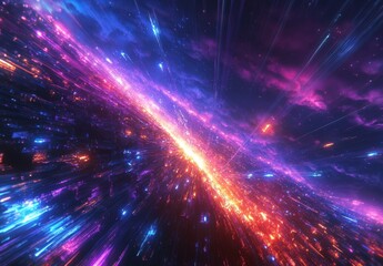 Poster - Vibrant cosmic energy colors in deep space with bright streaks of light and an abstract starry background creating a sense of infinite motion and depth.