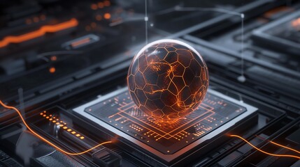 Poster - A conceptual illustration of quantum technology, featuring a glowing energy sphere representing quantum entanglement, surrounded by intricate digital grids and dynamic waveforms
