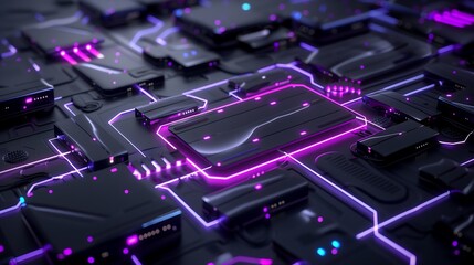 Poster -  A quantum computing data center filled with towering black server racks, illuminated by pulsating blue and purple light trails representing quantum data processing