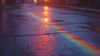 Poster - Rainbow Reflections on Wet Pavement at Sunset