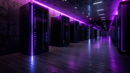 Poster -  A quantum computing data center filled with towering black server racks, illuminated by pulsating blue and purple light trails representing quantum data processing