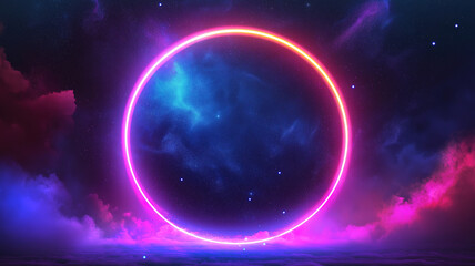 Poster - A circular neon light frame illuminated by twinkling stars in a mesmerizing display