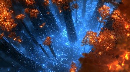 Wall Mural - Aerial view of autumn forest, glowing blue ground, orange leaves, fantasy setting, game background