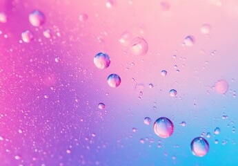 Poster - Vibrant Water Droplets on Colorful Background with Soft Pink and Blue Hues Creating a Dreamy Atmosphere for Creative Applications