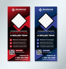 Poster - Digital Marketing Banner Stand Signage Roll Up Banner Template Design. example of headline are affordable seo services experts seo a skilled team. Collection blue and red colors with photo space.