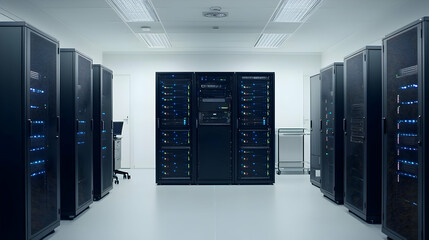 Poster - Server Room Interior With Rows Of Racks And Data Servers Lit By Bright White Lights