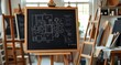 © Focus Finds - A chalkboard with a detailed drawing or diagram, set on an easel in a creative studio. The background shows art supplies and natural light