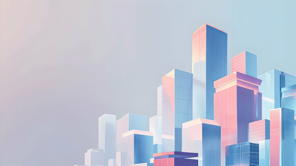 Poster - Abstract city skyline with colorful geometric buildings under a pastel sky at dusk