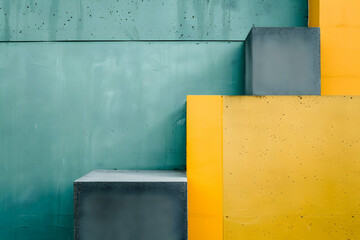 Poster - Abstract geometric composition of colorful blocks against a textured green wall