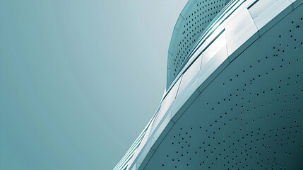Poster - Modern architectural design featuring a sleek, curved building against a soft blue sky backdrop