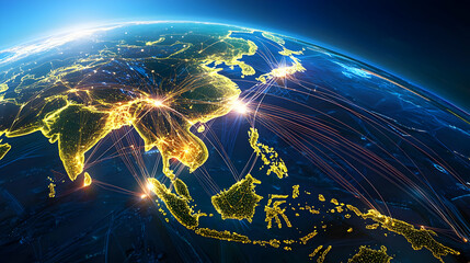 Poster - Illuminated Earth View Showing Asia With City Lights And Blue Atmosphere In Space