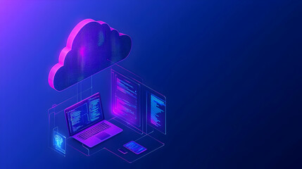 Poster - Isometric Cloud Technology Scene With Digital Devices Data Transfer And Network Connection In Blue Purple Hues