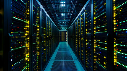 Poster - Data Center Server Room Perspective With Rows Of Metallic Racks Illuminated By Blue And Green Lights