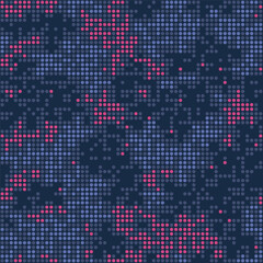 Halftone digital vinous camouflage wallpaper. LED screen pattern in maroon tones, camo grid, polka dot background. Seamless vector dark blue texture